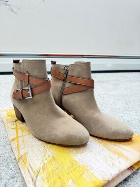 Coach Pauline Suede Ankle Boots with Leather Strap - Taupe- Size 7.5